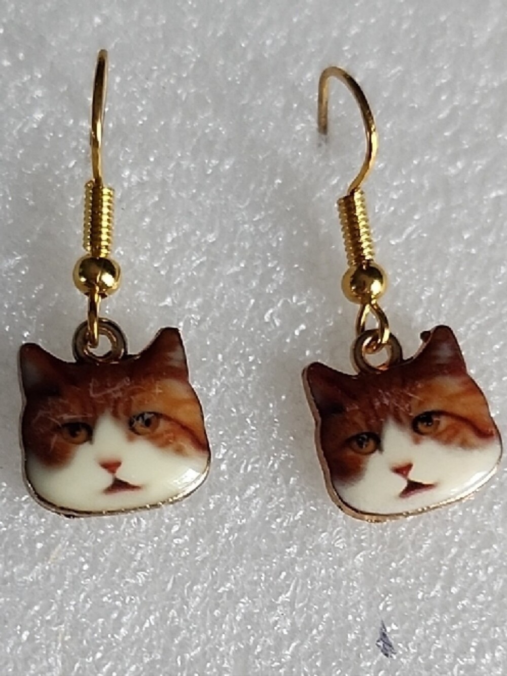 Hand Crafted Gold-Tone Brown & White Cat Face Dangle Earrings